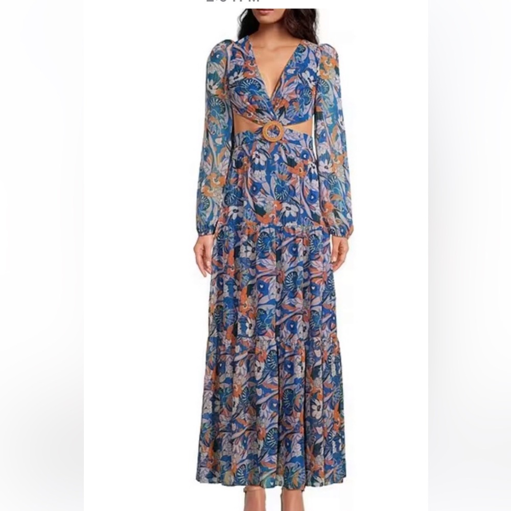 NTW Gianni Bini Lillian Floral Print Deep V-Neck Cut-Out Tiered A-line Dress